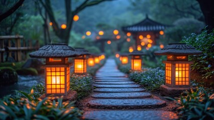 Poster -  a group of lanterns lit up in the night in a garden with a path leading to a gazebo and a gazebo with lights on either side of the path.