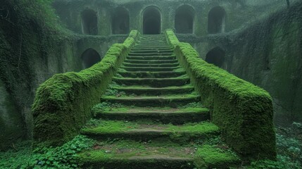 Poster -  a mossy set of stairs leading up to a tunnel in a green area with moss growing on the walls and the steps leading up to a tunnel in the ground.