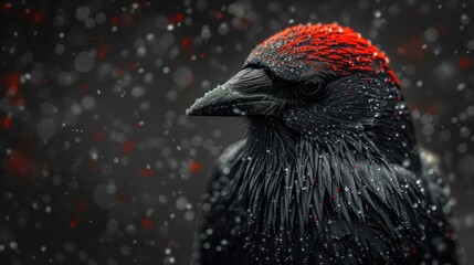 Wall Mural -  a close up of a black bird with red feathers on it's head and a black background with white drops of water on the feathers and a black background.