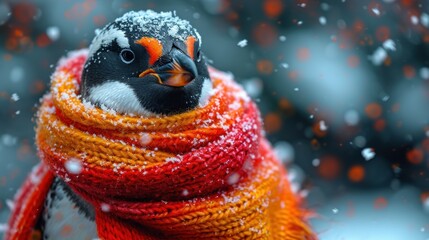 Poster -  a close up of a penguin wearing a scarf and a scarf around it's neck, with snow falling on the ground behind it and a blurry background.