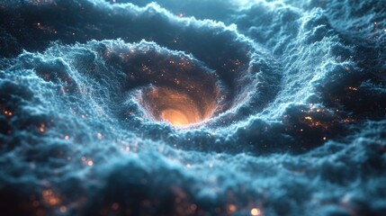 Poster -  a close up of a black hole in the center of a space filled with stars and a black hole in the center of the space filled with small white clouds.