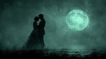 Canvas Print -  a man and a woman standing next to each other in front of a full moon in a foggy night with a body of water and grass in the foreground.