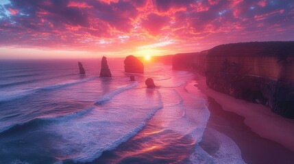 Canvas Print -  the sun is setting over the ocean with cliffs in the foreground and waves in the foreground in the foreground, and a pink sky filled with clouds.