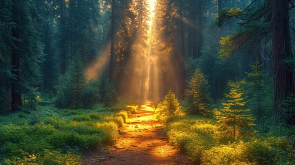 Wall Mural -  a path in the middle of a forest with a bright beam of light coming out of the trees on either side of the path is a dirt path with grass and trees on both sides.