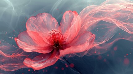 Poster -  a close up of a pink flower on a blue background with a blurry line of light coming from the center of the flower and the center of the flower.