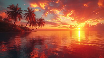 Wall Mural -  a beautiful sunset over the ocean with palm trees in the foreground and the sun setting in the middle of the ocean, with a boat in the foreground.