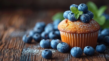 Wall Mural -  a blueberry muffin sitting on top of a wooden table next to a pile of blueberries on top of a wooden table next to a bunch of blueberries.