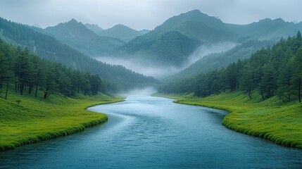 Poster -  a river running through a lush green valley surrounded by tall, green trees and mountains in the distance are foggy, foggy, and low lying low - lying clouds.