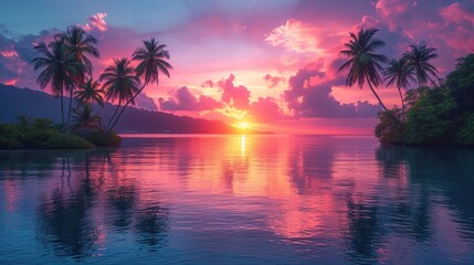 Wall Mural -  a beautiful sunset with palm trees in the foreground and the sun setting over the ocean in the distance with a pink and blue sky with white clouds and pink.