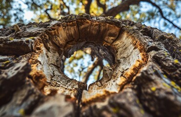 Wall Mural -  a view looking up at the top of a tree trunk with a circular hole in the middle of the trunk and the top of the trunk of the tree trunk.