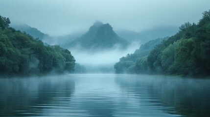 Sticker -  a body of water surrounded by trees in the middle of a foggy day with a mountain in the distance and low lying clouds in the sky above the water.