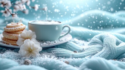 Poster -  a cup of coffee sitting on top of a saucer next to a plate with a pastry on top of it and a flower on the side of the plate.