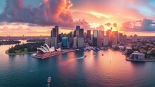 Sydney Cityscape At Sunset With Sydney Opera House And Sydney Harbour Bridge, Ai Generative
