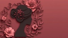 Womens Head Silhouette With Flowers And Leaves On A Red Background, Ai Generative
