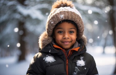 Child with winter snow forest, winter natural background
