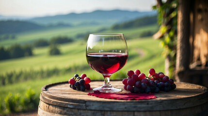 Glass of Red wine on a barrel in the countryside, beautiful natural photography 