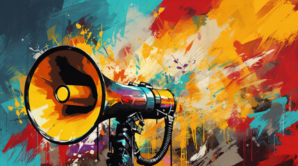 Wall Mural - Megaphone, vibrant art and freedom of expression. Colorful, dynamic and energetic communication through art for liberty, creativity and social change. Inspiring visual message for a diverse audience.