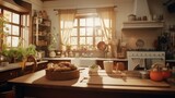 Fototapeta Uliczki - A quaint vintage kitchen filled with the warm aroma of freshly baked unsweetened chocolate brownies.