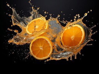 Cut orange with water splash on a black background