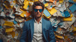 © StevensBot/Peopleimages - AI - Man in suit, sunglasses, surrounded by colorful background shapes and confetti. Dapper, confident and festive individual exuding style, vibrancy and celebration in a dynamic visual display.
