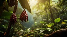 A Serene Rainforest Scene With A Cocoa Tree Bearing Ripe Pods, The Source Of Unsweetened Chocolate.