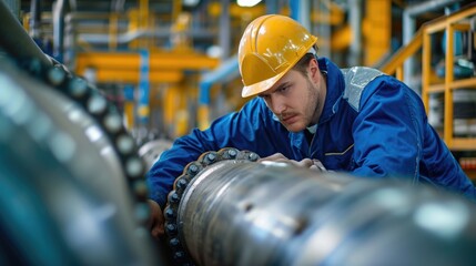 Photo of a man inspecting long steel  in oil station factory for check and record during pipe and pipe elbow refinery valve pipeline oil and gas industry