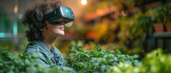 Wall Mural - Young woman wearing virtual reality glasses in the garden. Panoramic banner.