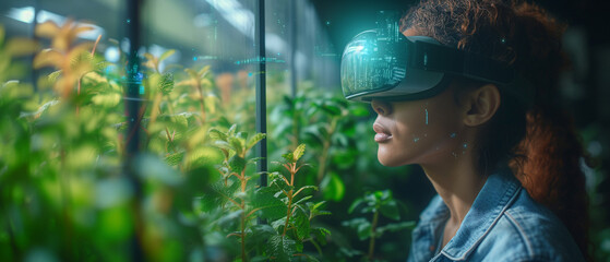 Wall Mural - Young woman wearing virtual reality headset against green plants growing in glasshouse