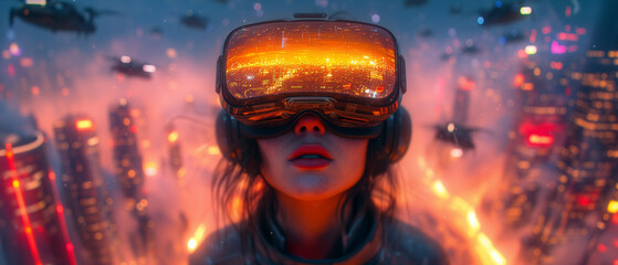 Wall Mural - Young woman wearing virtual reality goggles. Futuristic city in the background.