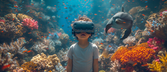 Wall Mural - Little boy wearing virtual reality goggles and exploring tropical coral reef with dolphins