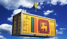 Freight Shipping Container With National Flag Of Sri Lanka Hanging On Crane Hook - 3D Illustration