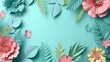 Festive floral frame animation. Blank botanical template with copy space. Colorful paper flowers and green leaves growing, appearing on pastel mint background.