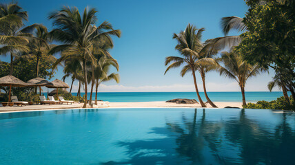 Wall Mural - resort at a hotel. Tranquil scene of a swimming pool and beach with palm trees and white sand. Travel, vacation background