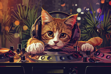 Canvas Print - cartoon caricature Cat DJ at the Turntables: Visualize a cat at a DJ booth, wearing headphones and expertly mixing tracks, creating a lively atmosphere with its musical talents