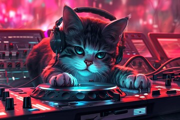 Wall Mural - cartoon caricature Cat DJ at the Turntables: Visualize a cat at a DJ booth, wearing headphones and expertly mixing tracks, creating a lively atmosphere with its musical talents