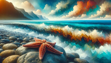 Artistic Shoreline With Starfish And Colourful Waves.
Digitally Created Shoreline Scene With A Starfish Amidst Colourful, Geometric Waves.