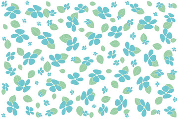 Wall Mural - Illustration wallpaper of blue hydrangea flower with leaves on white background.