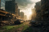 Fototapeta Uliczki - A cityscape where towering skyscrapers loom over narrow streets and dark alleyways in a post-apocalyptic world n1