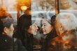 Two Asian women share moment, their faces nearly touching, showcasing bond in intimate cafe setting, warm scene two young Asian females engaging in heartfelt conversation, with blurred cafe ambiance.