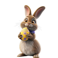 Wall Mural - Cute Cartoon Easter Bunny and 3D Rabbit Share an Easter Egg for a Happy Easter, Isolated on Transparent Background, PNG