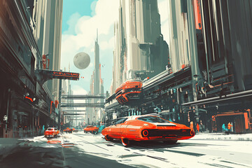 Poster - Retrofuturistic landscape in mid-century sci-fi style. Retro science fiction scene with futuristic city buildings