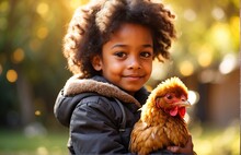 Child Hugging A Chicken Or Hen
