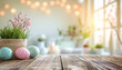 © FJM - Holztisch mit Osterdeko für Produktplatzierung oder Montage mit Fokus auf die Tischplatte, unscharfer Bokeh-Hintergrund in der Wohnung