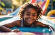 Smiling child looking at camera while lying on belly playing in water slide