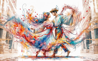 Bright and colorful illustration of two dancing people in traditional clothes