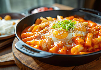 Wall Mural - Closeup Korean spicy rice cakes, tteokbokki bowl with egg and green onions, on top of a wooden board