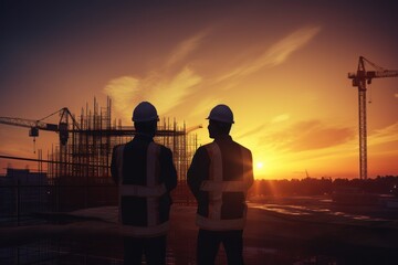 Wall Mural -  a couple of men standing next to each other in front of a building under a cloudy sky with a sun setting in the middle of the sky and a construction site behind them.