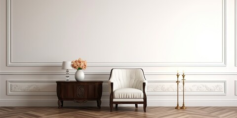 Wall Mural - Elegant guest room with vintage furniture, white relief walls, and dark brown parquet floor.