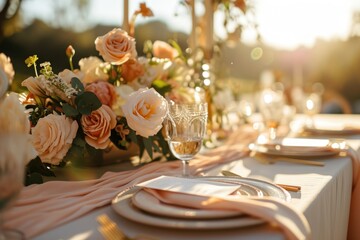 Canvas Print -  a close up of a table with place settings and a vase of flowers on top of a table with place settings and place settings on the table with place settings.