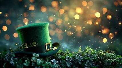 Wall Mural - Green Leprechaun Hat Amidst Clover Leaves for St. Patrick's Day